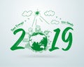 2019 new year in creative drawing environmental and eco-friendly technologies, energy saving, ecological recycling. Vector Royalty Free Stock Photo