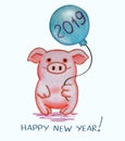 New year creeting card with a pig character holding a balloon