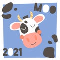 New year 2021. Cute funny farm animal for kids. Nursery print head cartoon cow. Text moo. Black, white, blue and pink Royalty Free Stock Photo