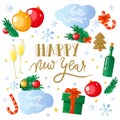 New Year cute holiday decoration elements and handwritten calligraphy. Vector illustration. Royalty Free Stock Photo