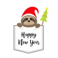 New Year. Cute sloth face head in the pocket. Santa hat. Fir tree. Cartoon animal. Lazy character. Dash line. White and black Royalty Free Stock Photo