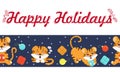 New year cute tiger cubs playing with christmas balls and opening gifts, vector seamless on blue background, horizontal border,