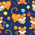 New year cute tiger cubs playing with christmas balls and opening gifts, vector seamless pattern in flat style, blue background