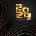 New year 2024 3D gold numbers. Decorative card 2024 happy new year. Luxury circles, creative Christmas banner square shape Royalty Free Stock Photo