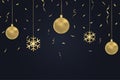 New Year dark background with gold Christmas balls, confetti and snowflake. Winter holiday card, banner, poster with golden decor. Royalty Free Stock Photo