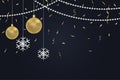 New Year dark background with gold Christmas balls and silver snowflakes, golden confetti and argent beads. Royalty Free Stock Photo