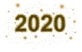2020, new year, decade. Numbers in gold with glitter and golden stars, isolated on white background. Celebratory.