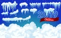 2019 New year decoration kit for website. Isolated snow caps set on menu bar and buttons. Icicles and snowflakes Royalty Free Stock Photo