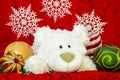 New Year Decoration, White bear, auspicious Ornaments and red envelope background.