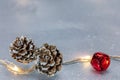 Glowing holiday lights decorated with jingle bell and pine cones on silver background Royalty Free Stock Photo