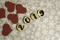 New Year decorations, red textile hearts and decorative elements. Number 2019. New Year concept. Royalty Free Stock Photo