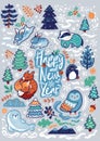 New Year card with decorative animals, calligraphy and forest elements. Vector illustration Royalty Free Stock Photo