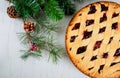 New Year delicious dessert apple cake tart and fir tree