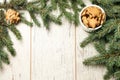 NewYear. Delicious ginger biscuits. Fir branch. Light background Royalty Free Stock Photo