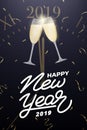 New Year design. Layout with champagne glass above midnight on the clock, confetti and New Year 2019 lettering Royalty Free Stock Photo