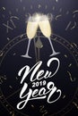 New Year design. Layout with champagne glass above midnight on the clock, confetti and New Year 2019 lettering Royalty Free Stock Photo