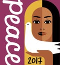 2017 new year design with peace message and girl holding a dove.