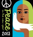 2017 new year design with peace message and girl holding a dove.