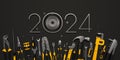 2024 New Year design template with construcrion tools set. Royalty Free Stock Photo