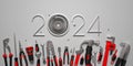 2024 New Year design template with construcrion tools set. Royalty Free Stock Photo