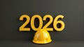 2026 New Year design template with yellow protective helmet. 3D render illustration. Royalty Free Stock Photo