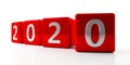 New year 2020 digits on red cubes isolated on white background. 3d illustration