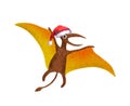 New Year dinosaur in red Santa hat. Cute cartoon pterodactyl Christmas dino. Watercolor animal for holiday Xmas card