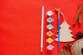 New year DIY background, creativity with children, make a gift with your own hands. Scissors, twine, pine cone, paint