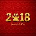 New Year of the dog holiday postcard with paw footprint, gold te