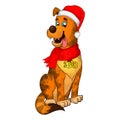 NEW year 2018 doggy. Happy Dog cartoon. christmas dog with red scarf. Cute brown puppies Royalty Free Stock Photo