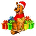 NEW year 2018 doggy. Happy Dog cartoon. christmas dog with red scarf. Cute brown puppies Royalty Free Stock Photo