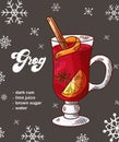 New Year drink recipe. Card with hand drawn element and snowflack. Vector illustration for menu, cafe, restaurant with Royalty Free Stock Photo