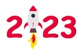New year 2023 economic recovery, calendar year number 2023 with launching business rocket on number one