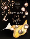 New year eve banner with glass with pouring out champagne and christmas decorations. Royalty Free Stock Photo