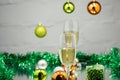 New Year`eve champagne , Christmas tree background Royalty Free Stock Photo