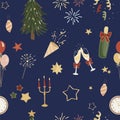 New Year Eve countdown hand-drawn seamless pattern