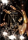 New year eve invitation card with glasses and bottle of champagne, sparklers and serpentine. Royalty Free Stock Photo