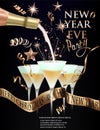 New year eve invitation card with glasses with champagne and christmas decorations. Gold and black.