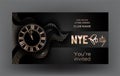 New year eve party banner with golden clock and abstract design elements.