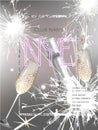 New year eve party invitation card with bottle of wine, glasses sparklers and frame.