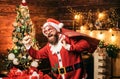 New year fashion clothes. Bearded man in Christmas sweater. Merry Christmas and happy New Year. Winter emotion. Bearded