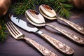 New Year festiv table sets. Fork spoon knife