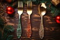 New Year festiv table sets. Fork spoon knife