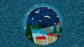 New Year. Festive New Year animation with sequins. In the composition there are houses, Christmas trees, falling snowflakes, flyin