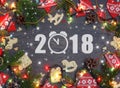 2018 New year. Festive background with Christmas decorations and Royalty Free Stock Photo