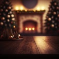 New Year festive empty wooden table blurred background Christmas banner