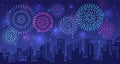 New year festive fireworks, anniversary celebrate. Glowing carnival lights. Display of happy city night, stars in sky