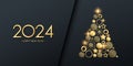 2024 New Year festive holiday banner with golden Christmas tree. Black and gold.