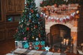 New year festive interior. Christmas tree decorated by the fireplace Royalty Free Stock Photo