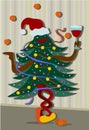 New Year fir tree dancing with glass of red wine.